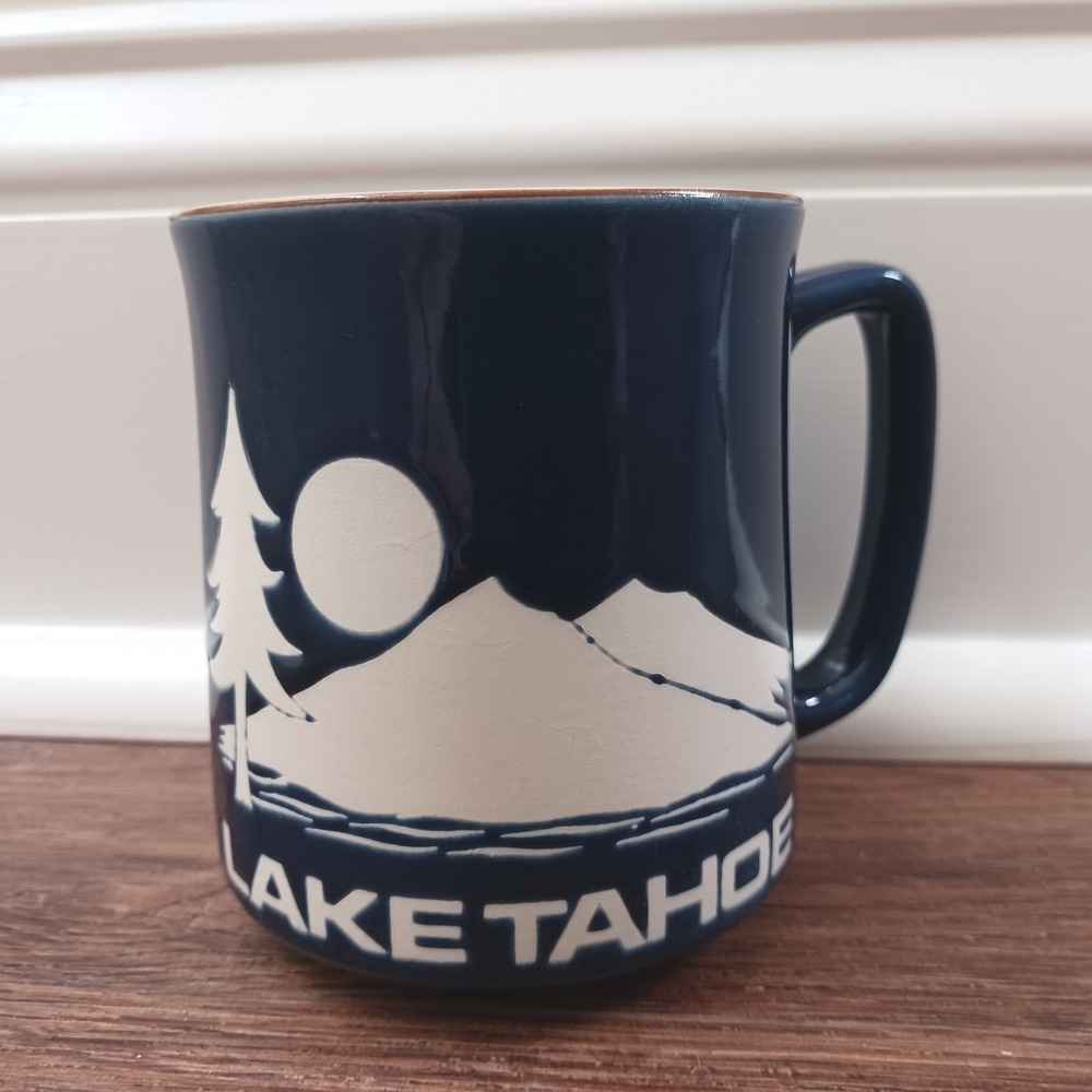 Lake Tahoe Souvenir Coffee Mug Navy Blue Mountain Landscape Speckled Ceramic